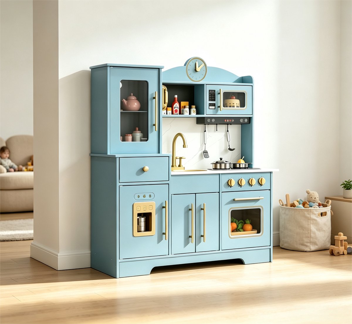 Houten Speelkeuken - Kinderkeuken Keukentje - Blauw met gouden details - Stevige uitvoering - met accessoires kookgerei en speelgoedeten - Ruime opbergmogelijkheden - Rollenspel - Vanaf 3 jaar