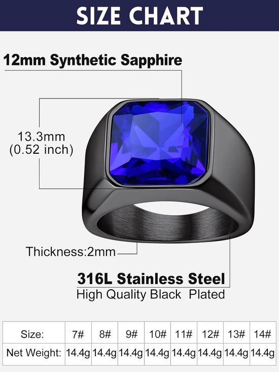 Blauwe ring roestvrij staal herenringen blauwe ring bandring maat 72 mm vriendschapsring ring met blauwe steen 12 mm breed modesieraad blauw accessoires — afbeelding 4