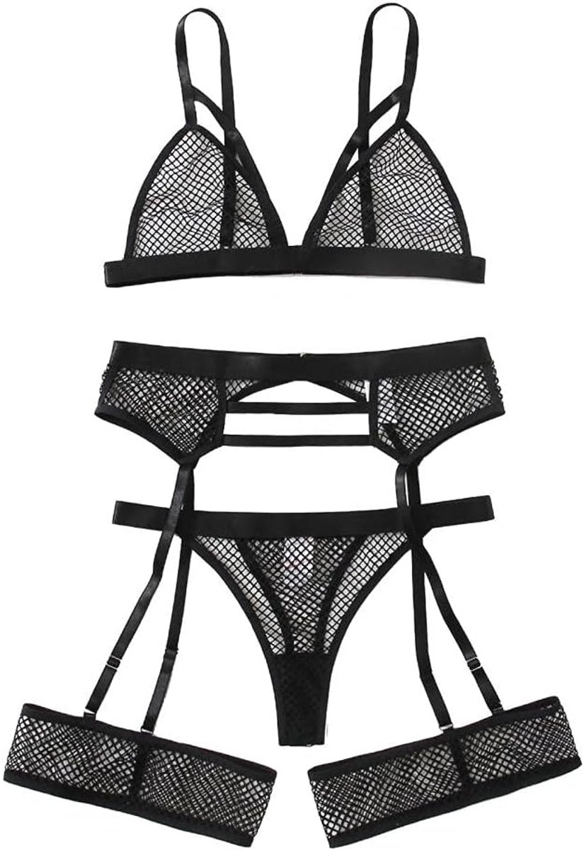 Dameskleding Pure Lace Sensuele Lingerie Dames Ondergoed Beha Thong Kousenband Hollow Out Kostuums-Black_L