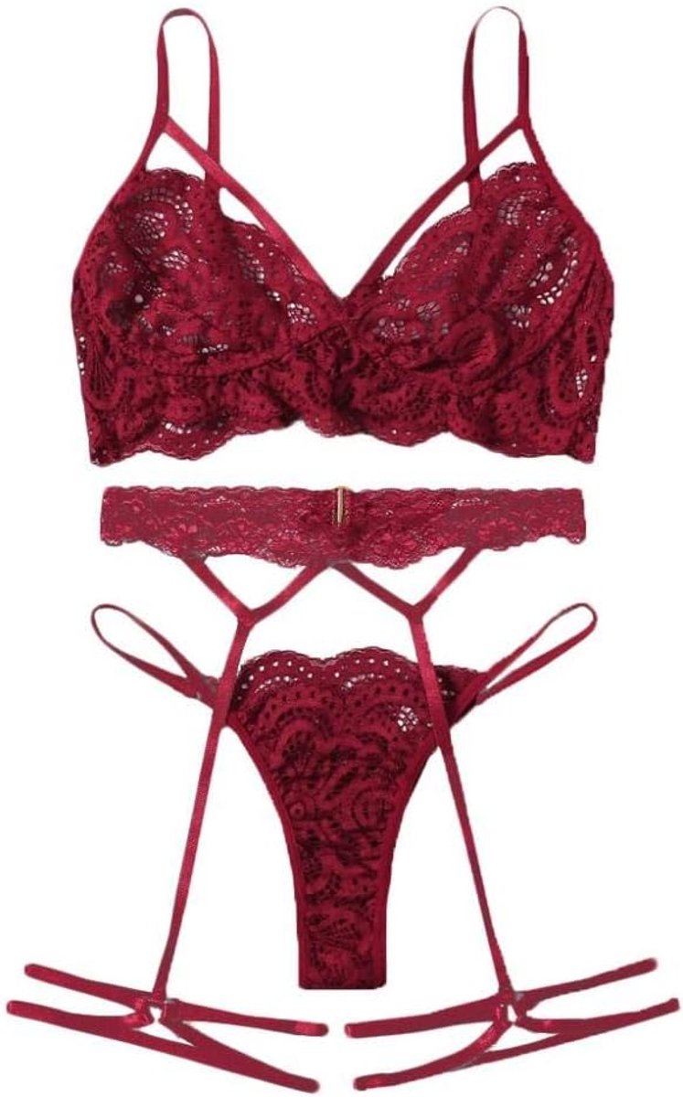 Sexy dames erotische lingerie Dames Ondergoed Perspectief Kant Lingerie Sexy BH G-String Kousenband Set-Rojo_XL