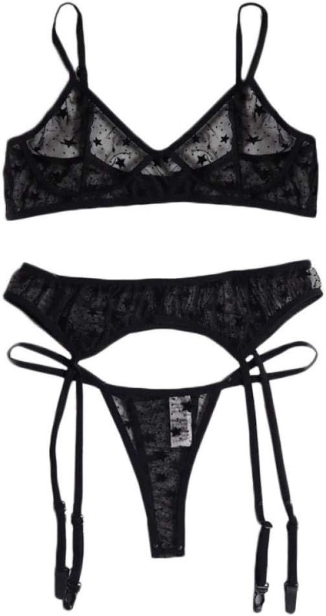 Sets met nachtmode & ochtendjas Lingerie Dames Draadloze Beha G-String Kousenband Nachtkleding Sexy Kostuum Hol Lace-Black_M