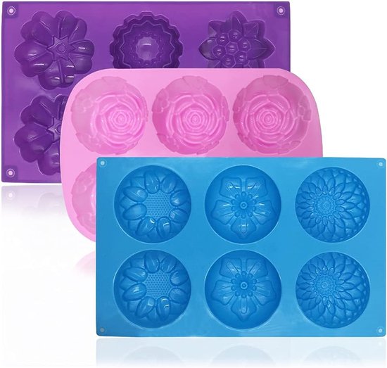 3 stuks zeepvormen, 6 holtes, siliconen bloemvormen bakvormen voor het maken van zeep, muffin, tabletjes, cupcake, cake, maancake — afbeelding 2