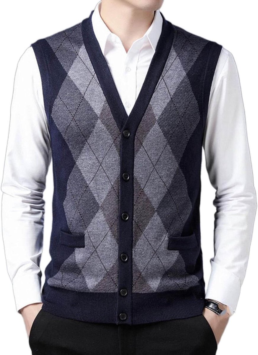 Argyle Vest Voor Heren Met V-Hals, Jeugdmode Heren Gebreid Vest Bovenkleding Casual Trendy Trui, Klassiek Zakelijk Heren Breigoed Gebreid Vest Trui Vest Tanktops, Marineblauw, S