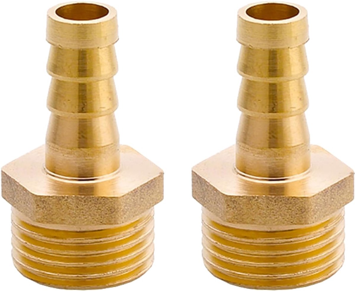 2 stuks messing weerhaak slangfitting, 1/2 inch BSP buitendraad prikkeldraad staart slang pijp connector adapter, tuinslang koppeling verbinding voor brandstof lucht gas water olie (10 mm)