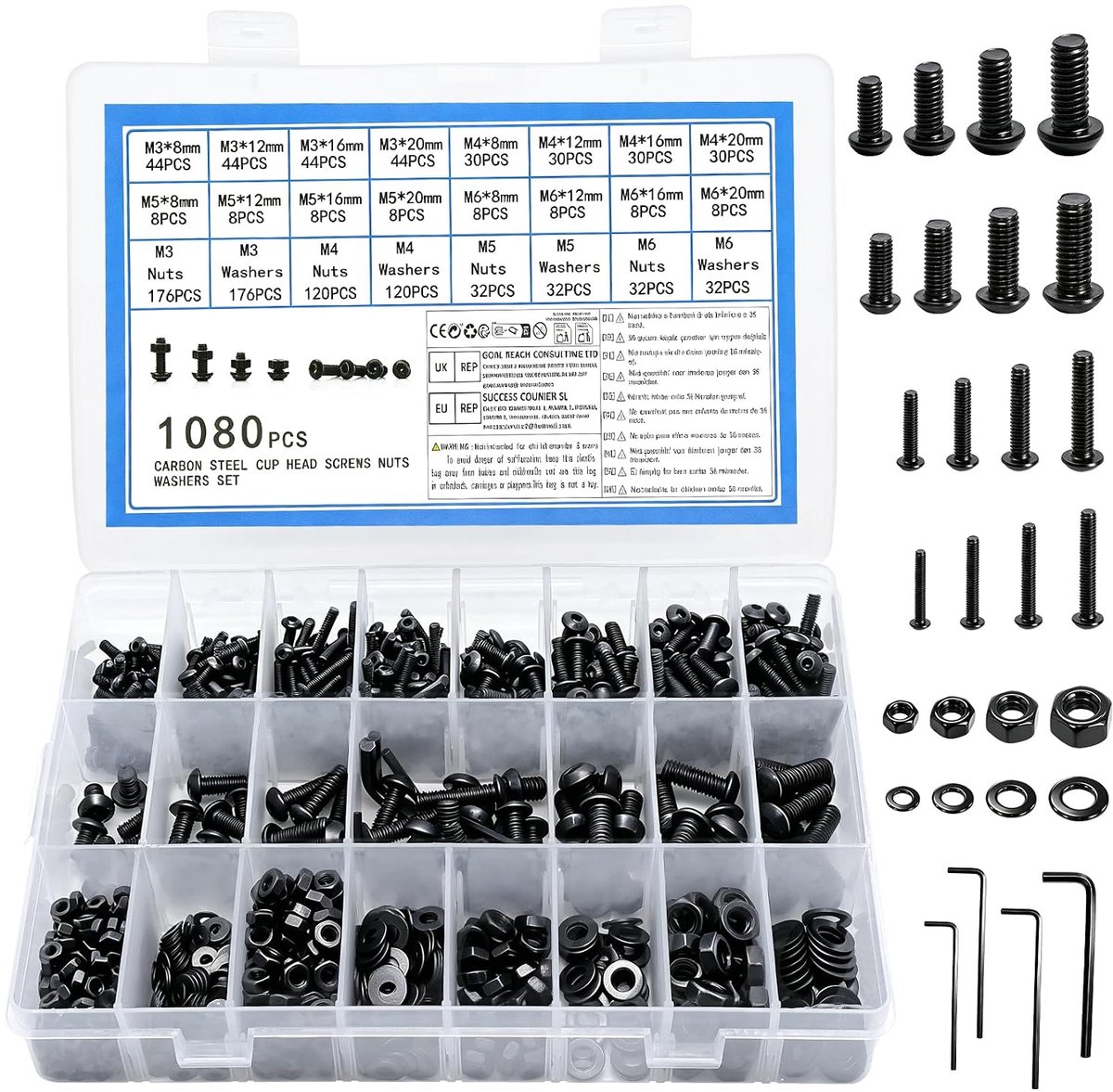 M4, M5, M6 lenskop inbusschroevenset, 1080 stuks schroefdraadschroevenset, zeskantschroevenset, machineschroeven, moeren en sluitringen, assortimentset