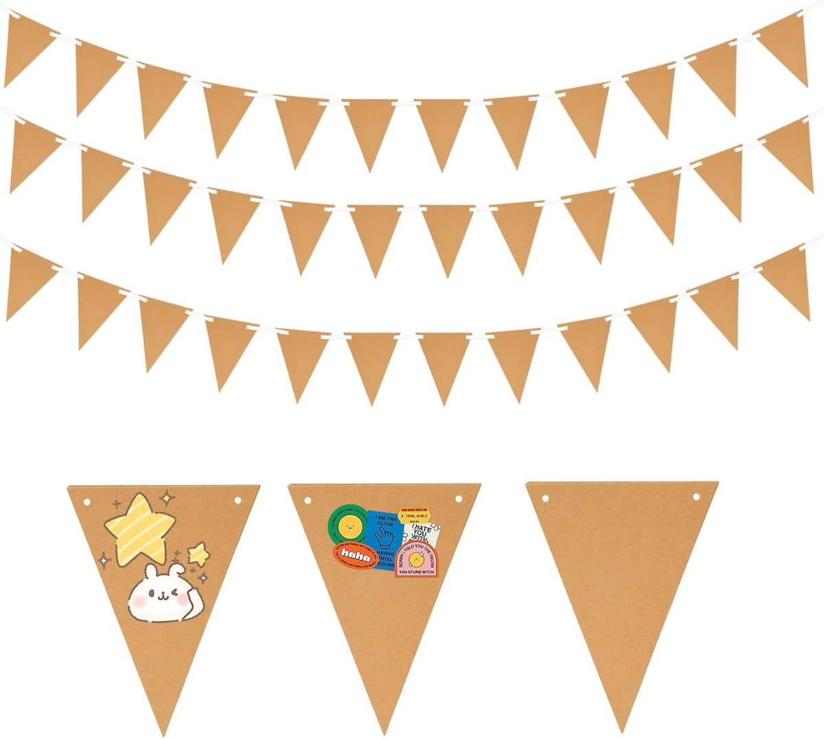 36 STUKS DIY Kraftpapier Banner Bunting Driehoekige Vlag 18x13cm Vlaggen voor Schilderen en Schrijven, Ideaal voor Kerstmis, Verjaardag, Bruiloft, Feest en Festival Decoratie, met 3 Touwen