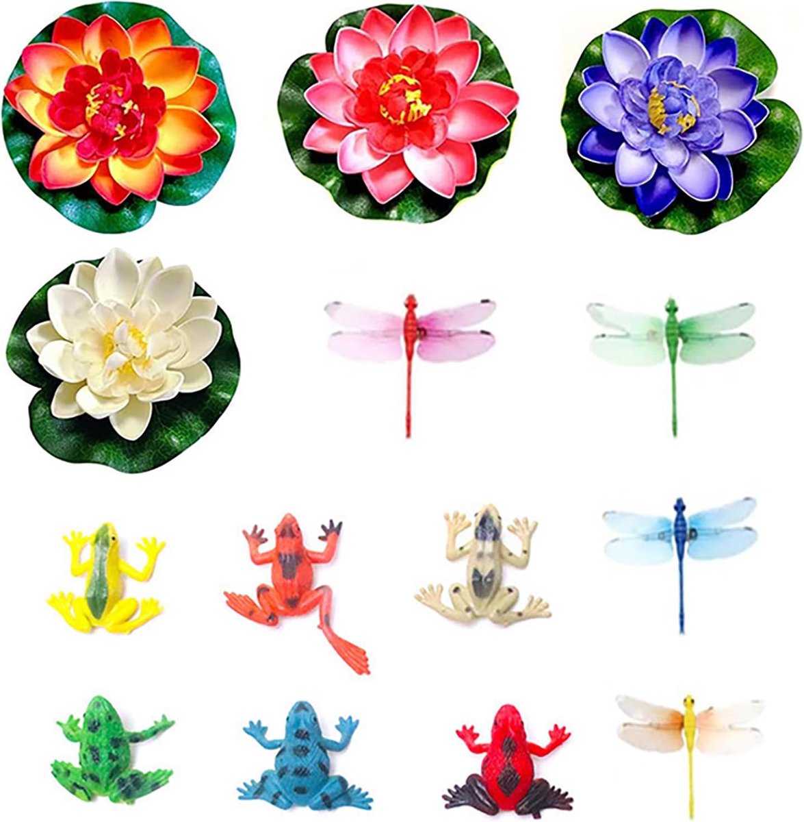 14 stuks vijver decoratieset, kunstmatige waterlelies, drijvende bloemen, waterlelie, lotusbloem, waterlelie met libelle, kikker voor aquarium, terras, tuin, zwembad, tuin