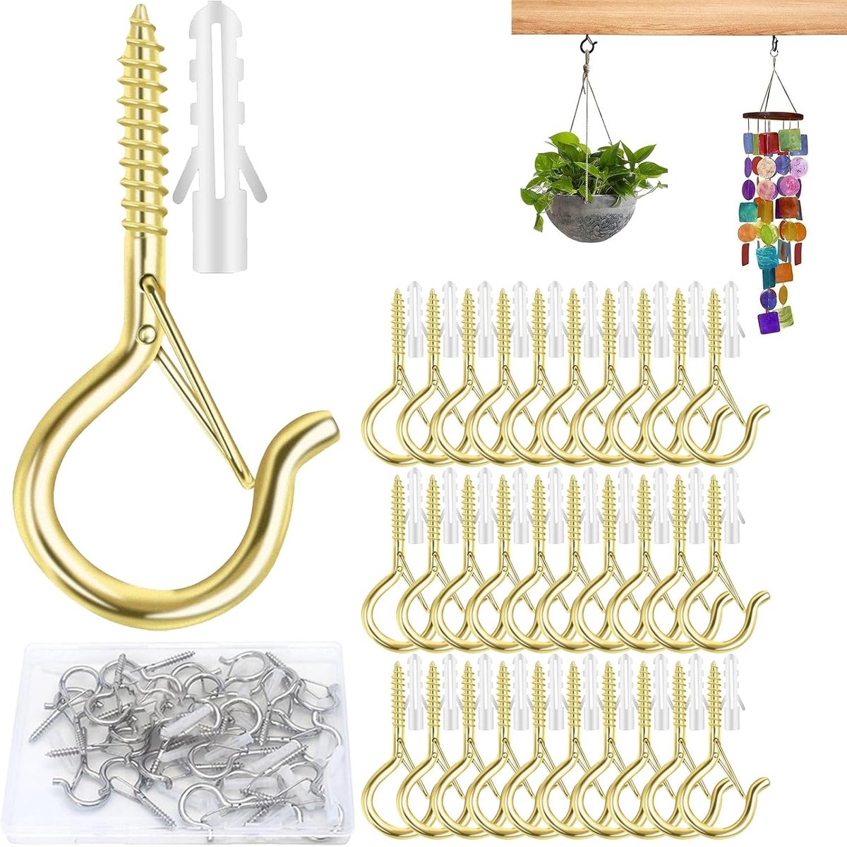 Haken, plafondhaken met veiligheidsgesp, metalen haken voor het ophangen van planten, vogelhuisjes, windgong, bevestiging van kerstverlichting buiten (Goud)