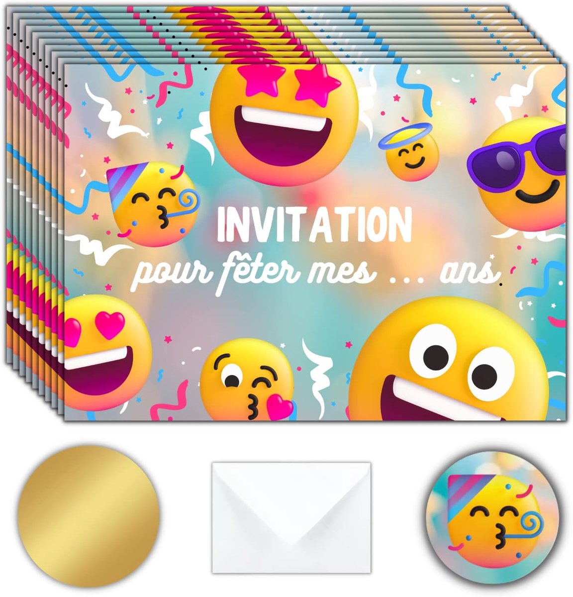 Uitnodigingsset voor kinderen om te krabben | emoji-thema, 10 kaarten met stickers, enveloppen en gouden stickers | origineel idee voor feestjes en verjaardag