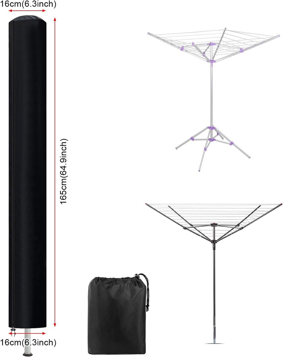 Paraplu-drooghoes, beschermhoes voor wasdroger, draaibaar, winddicht, uv-bescherming, Oxford-stof met ritssluiting, 165 x 16 x 16 cm