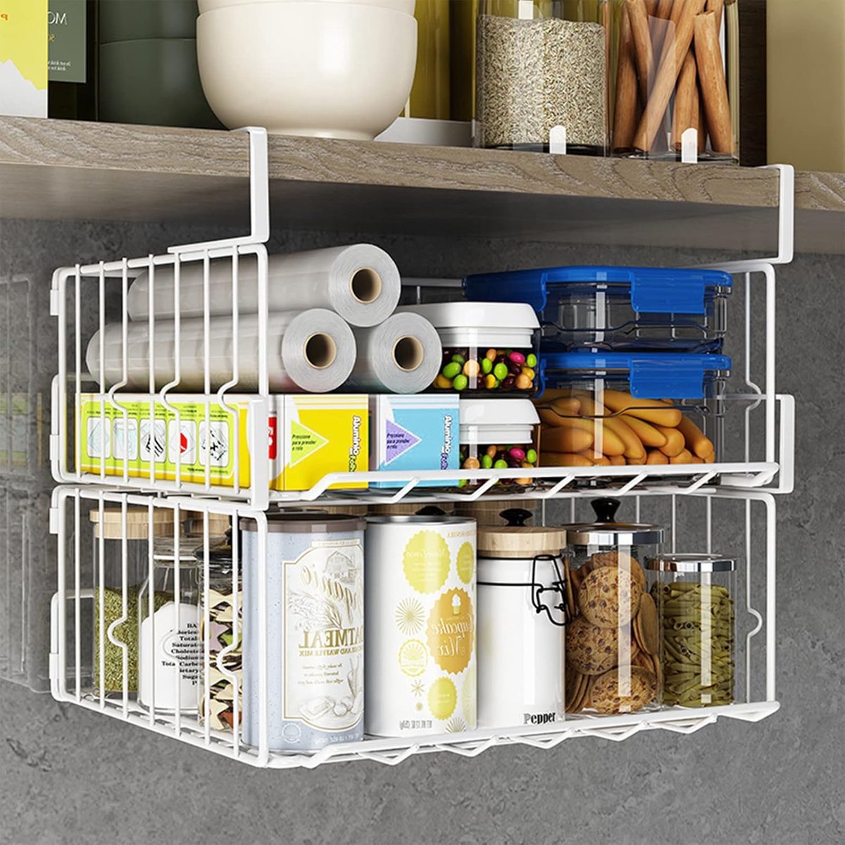 Mand organizer, 2 stuks opvouwbare draadgaas opbergplank, ruimtebesparend, stevig en duurzaam, geen montage nodig (wit, 2 stuks)