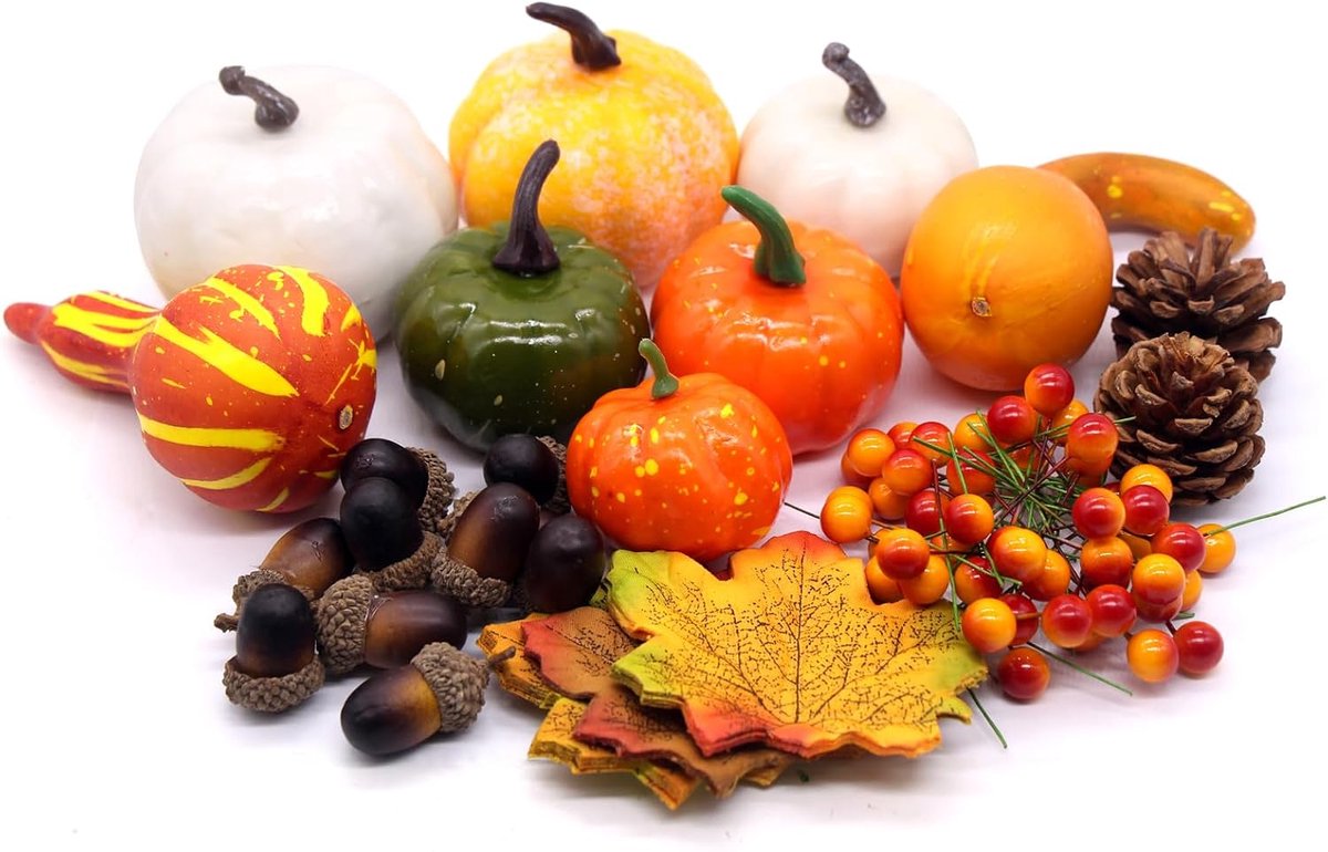 120 stuks kunstmatige pompoendecoraties, Thanksgiving decoratieset, pompoen esdoornbladeren, dennenappels, eikels, decoratie, decoraties voor Thanksgiving, Halloween en Kerstmis, herfst bruiloft
