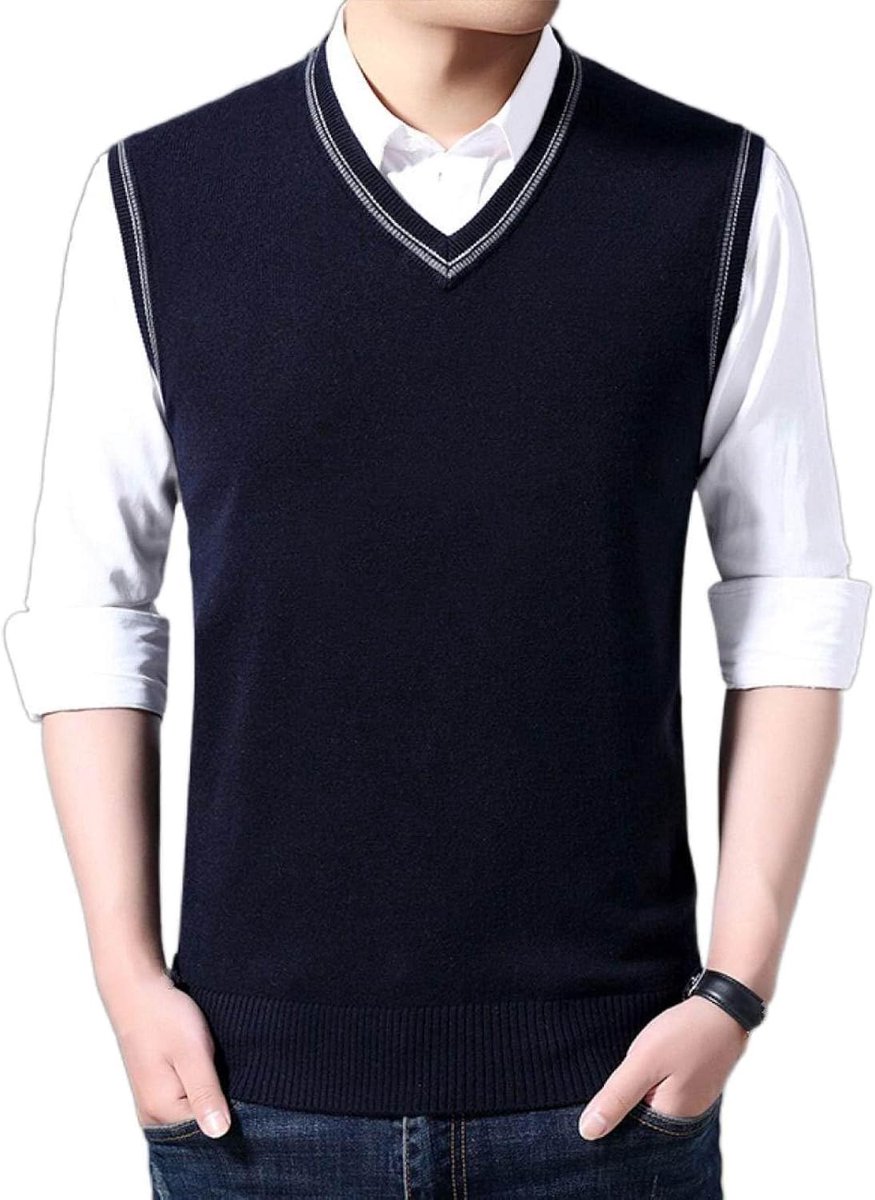 Kasjmier Vest Met V-Hals, Winter Contrasterende Kleuren Mouwloos Gebreid Vest Pullover Trui Vest, Klassiek Zakelijk Heren Gebreide Vest Trui Tanktops, Marineblauw, S