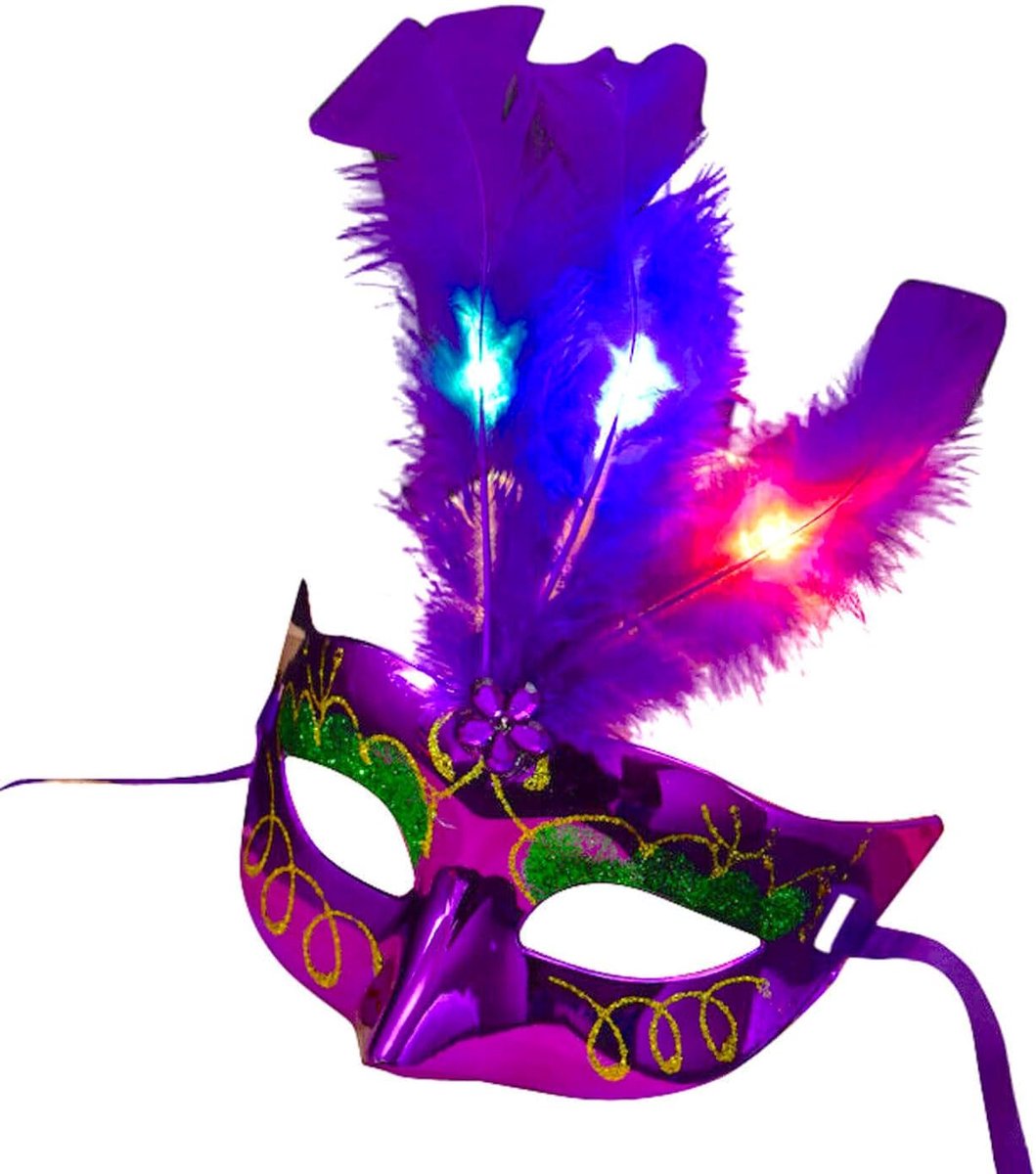 Led-maskerade met veren/Venetiaans masker met heldere en knipperende veren, feest, carnaval, vrijgezellenfeest, verjaardag, bruiloft