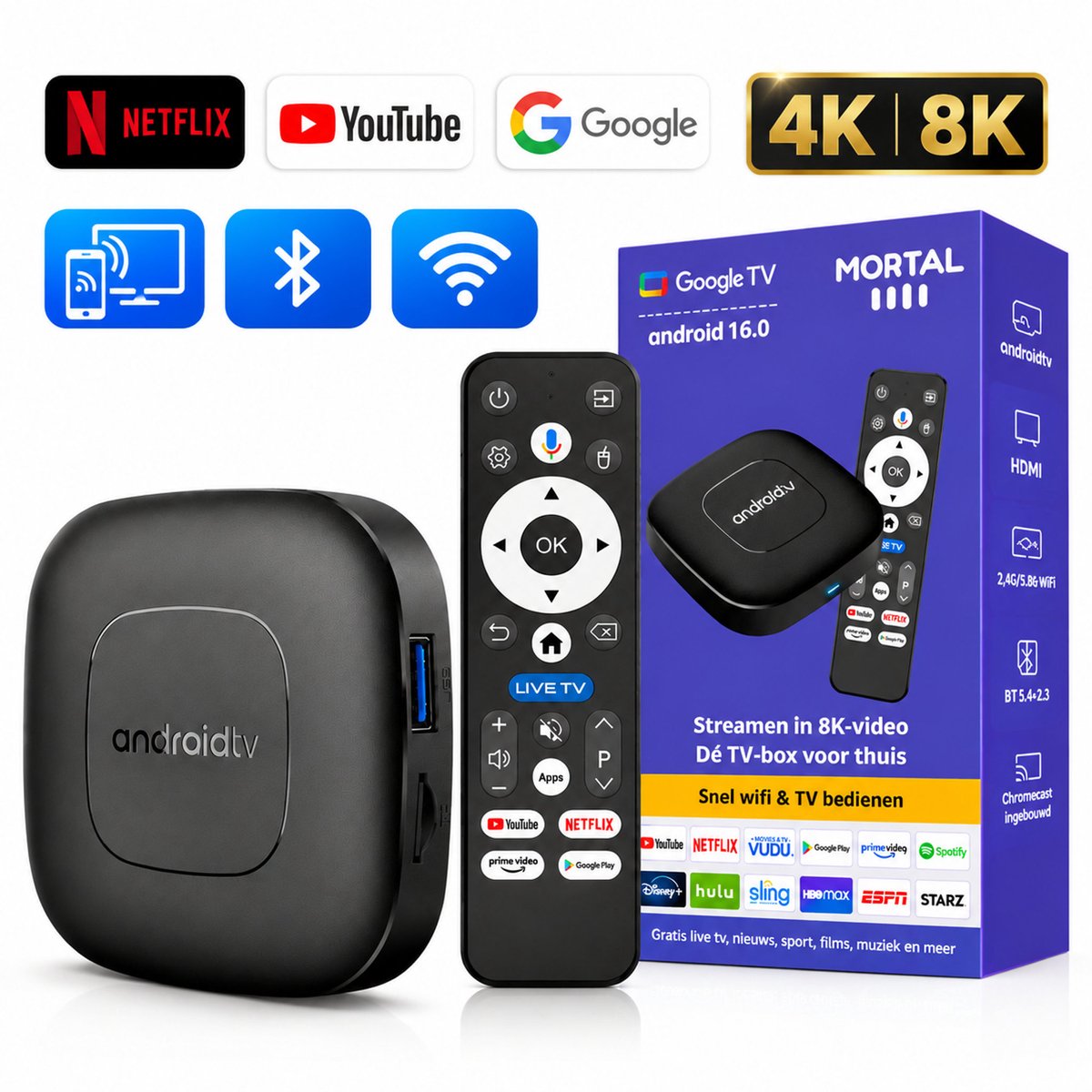 Digisand® TV Box 4K & 8K HDR –Android Streaming Box - 2.4 & 5 GHz WiFi & Bluetooth – 16GB – Geschikt voor Google TV Streamer & Assistant– Upgrade elke TV naar SmartTV - Geschikt voor 3000+ apps! - Zwart