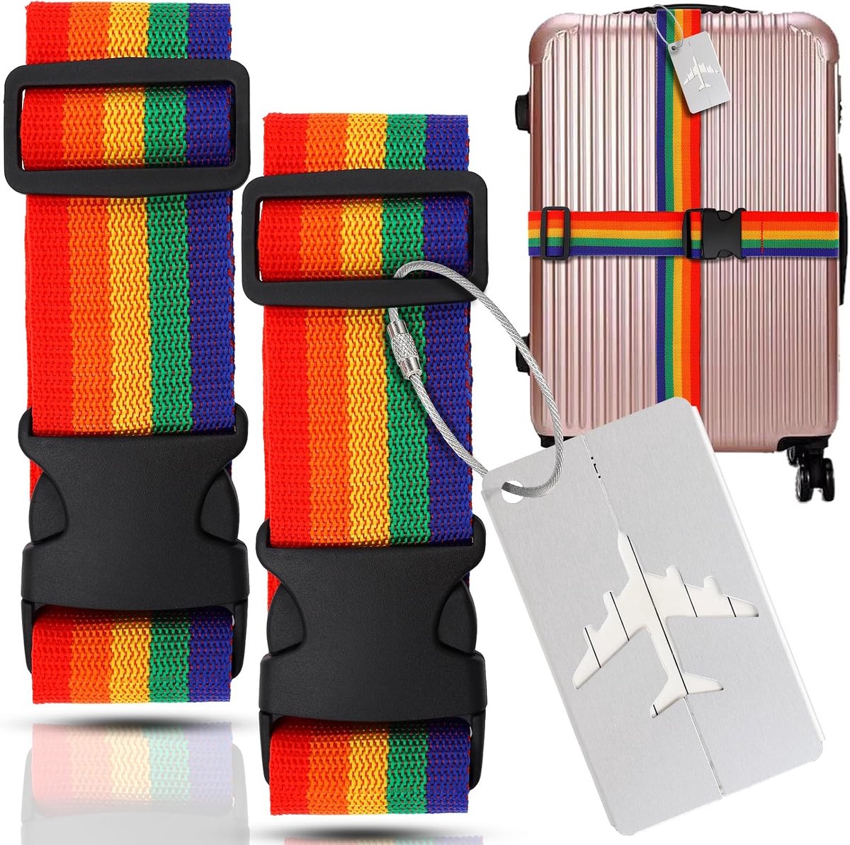 4 stuks + 2 kofferhangers, vliegreizen, verstelbare kofferriem, 2 kleurrijke kofferbanden, opvallende kofferriem voor snel identificeren en beschermen van je bagage (4 stuks)