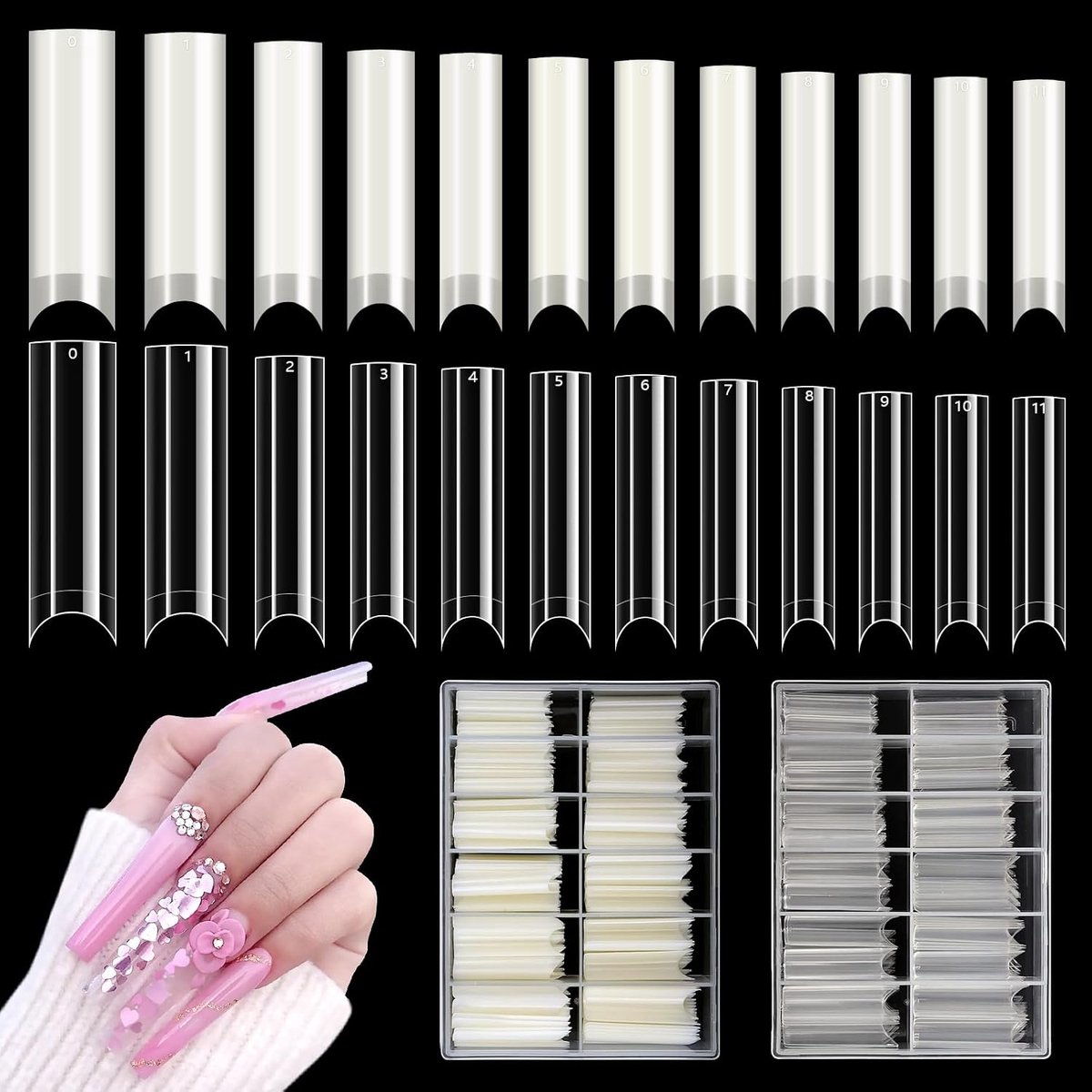480 Stuks Extra Lange C Curve Nageltips, Extra Lange C-Curve Xl Halve Cover Nepnageltips 12 Maten Met Doos Voor Doe-Het-Zelf Nail Art (Helder, Natuurlijke Kleur)