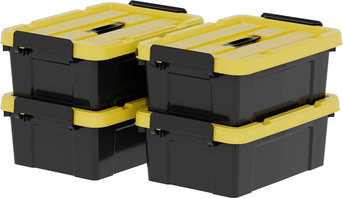 15L x 4 opbergdozen, plastic opbergdoos met deksels, container met handvat voor gereedschap, buiten, tuin, huis, stapelbaar, nesten, zwart en geel, 15 l (4 stuks)