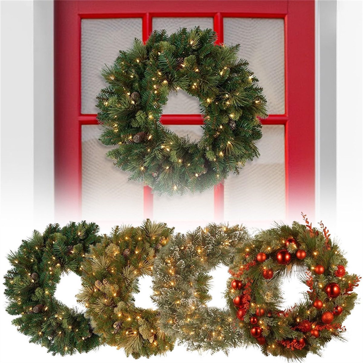 Kerstkrans – 40 cm – Kunstkrans met LED-verlichting – Feestelijke Decoratie – met Dennenappels, Bessen en Sneeuw – voor Voordeur, Ramen, Open Haard – foto 7