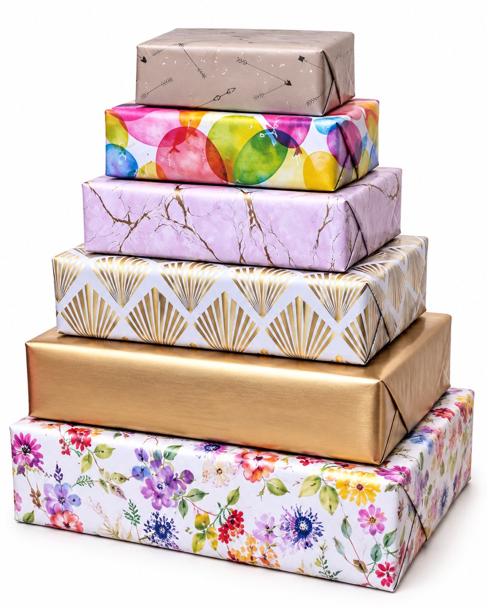 Inpakpapier Luxe feest set van 6 rollen 70x200cm Goud