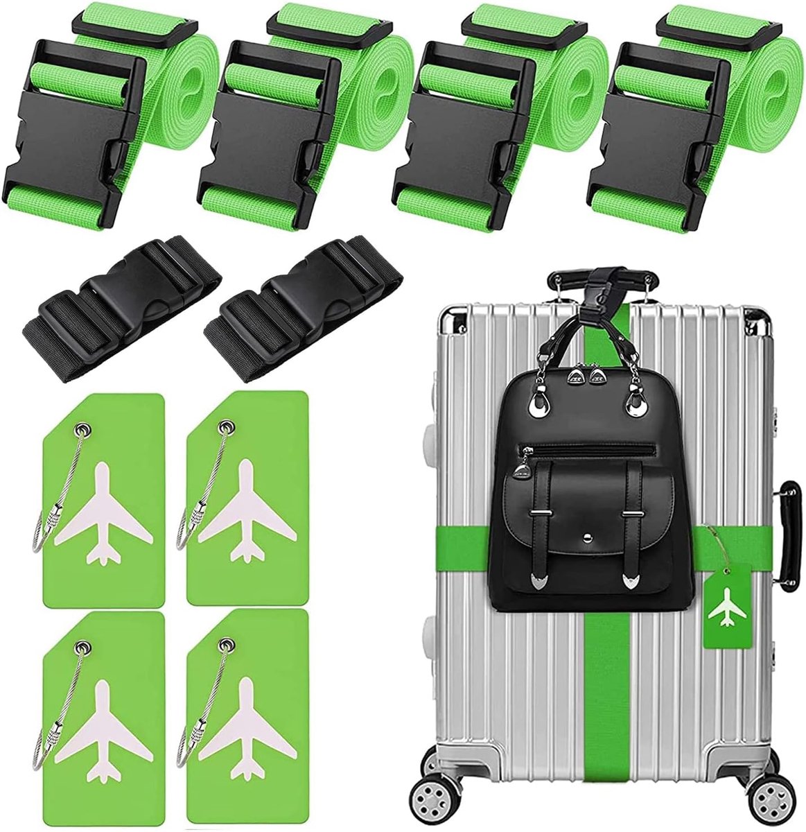 4 stuks kofferriemen, 4 stuks kofferlabels en 2 stuks riemen voor extra bagage, kofferbandriem, verstelbare kofferbanden, opvallende bagageriem voor koffer, groen
