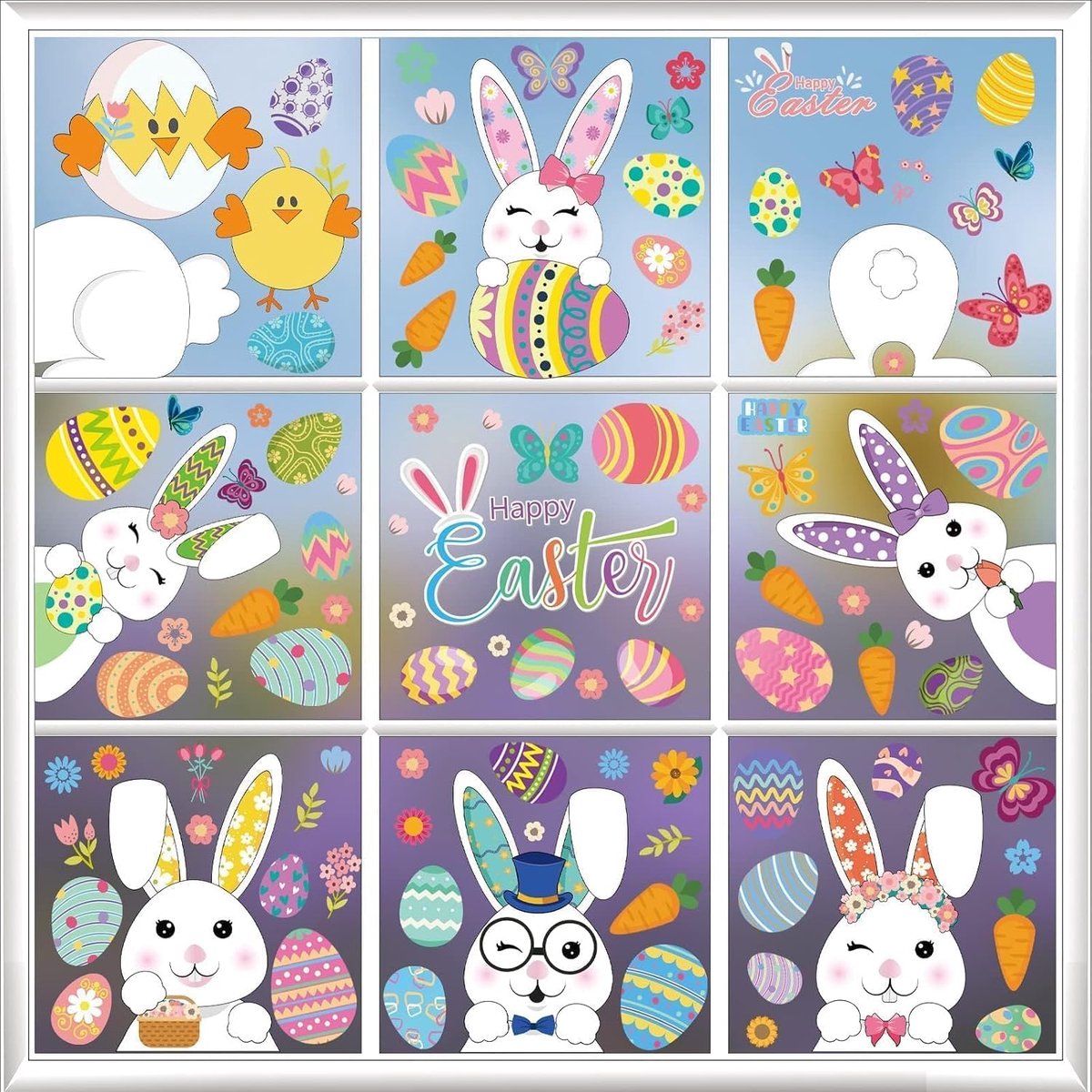 Raamstickers, raamstickers, paaseistickers, konijnen, vlinder, bloem, pvc, paasdecoratie