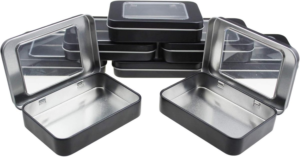 Rechthoekige metalen klapdozen, zwart, 8 stuks