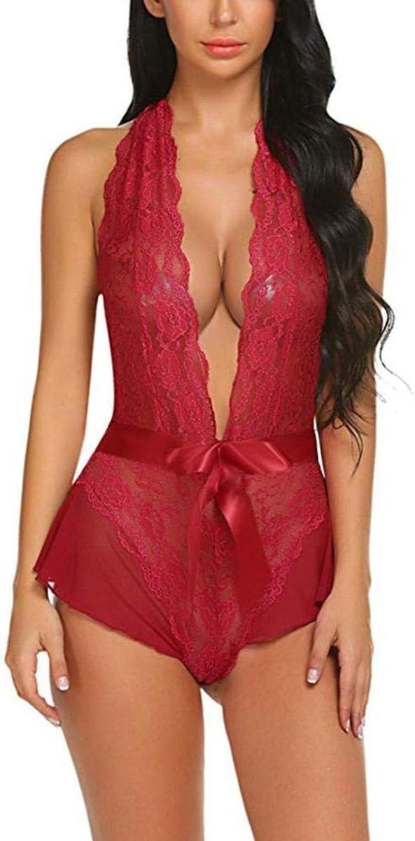 Klassiek Bh set Jarretellegordel en Kous LingerieDames Ondergoed Set Lingerie Set Kanten Strik Bodysuit Sexy Lingerie Backless Jumpsuit Ondergoed-red_M