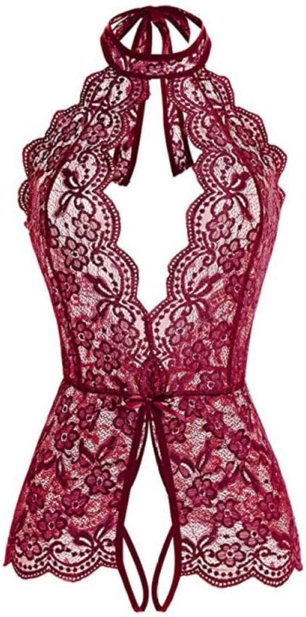 Dameskleding Erotische Sexy Vrouwen Lingerie Porno Diepe V Kanten BraTransparent Sex Lingerie Thong Verleiding Ondergoed Dames Nachtkleding-Wine_L