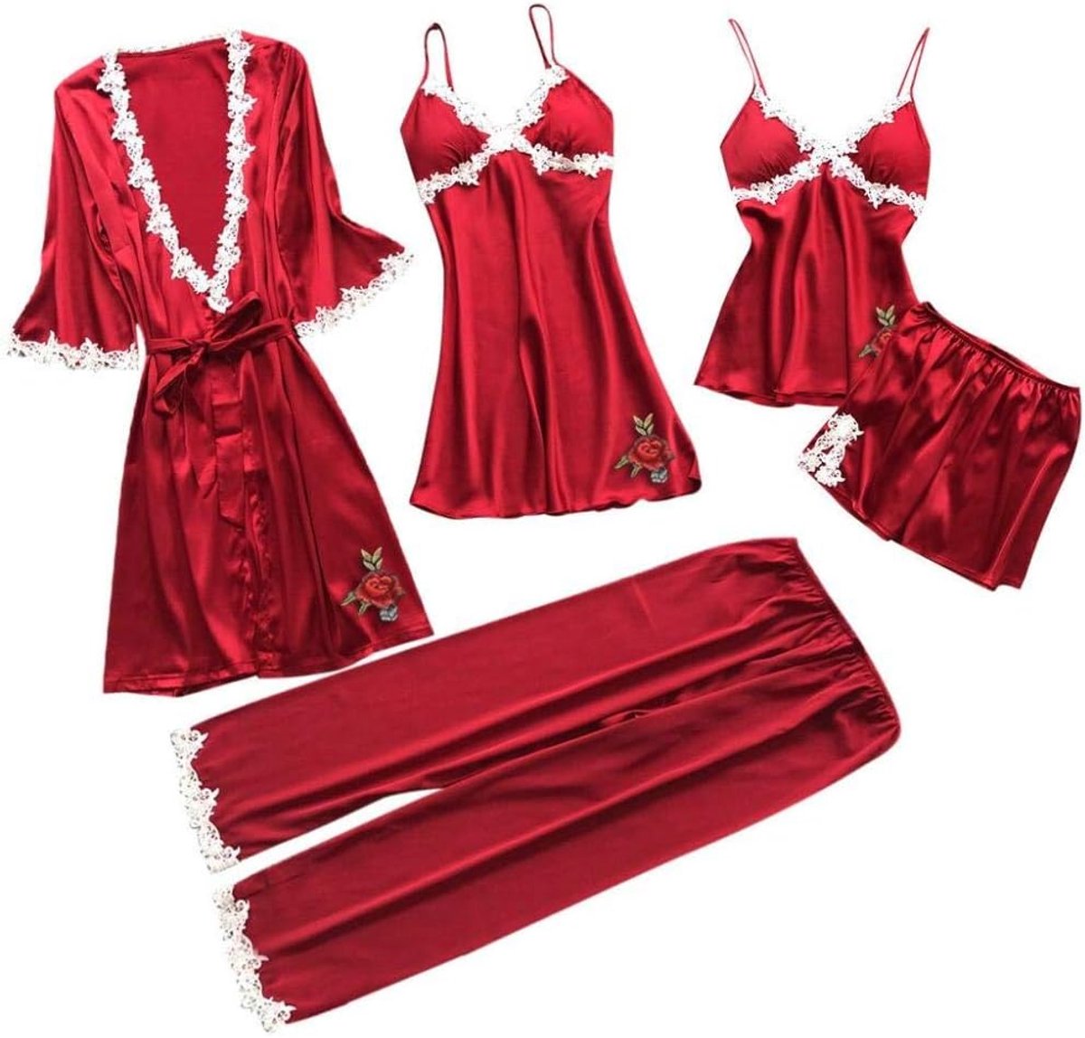 Kleding Dames Pyjama Sets Faux Zijden Pyjama Nachtkleding Sets Elegante Sexy Kant Homewear V-hals-Red_XL