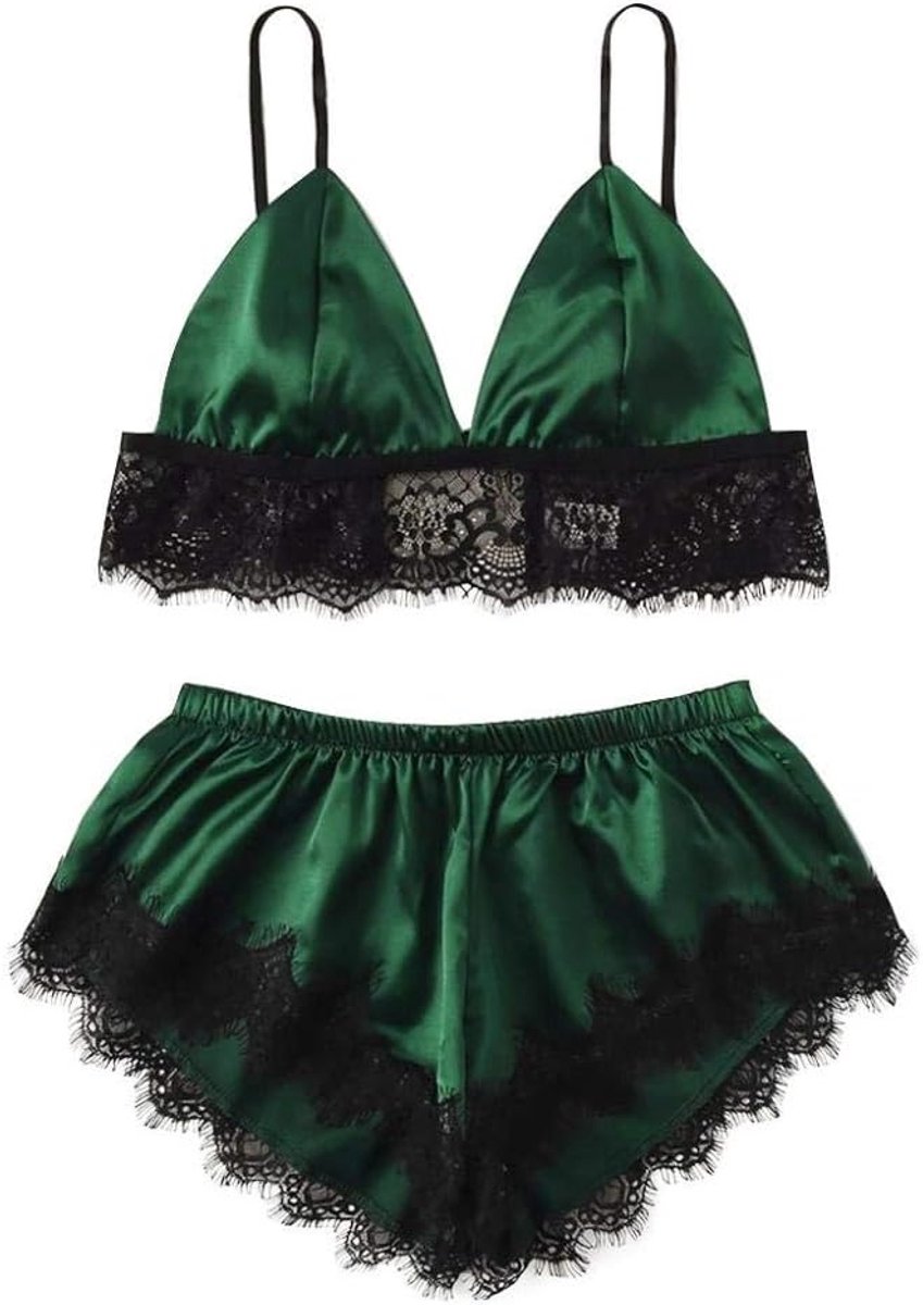 Lingerie Dameslingerie Sexy set kanten Kimono nachtkledingSexy kanten lingerie nachthemd pyjama satijnen lingerie set-groen_XL