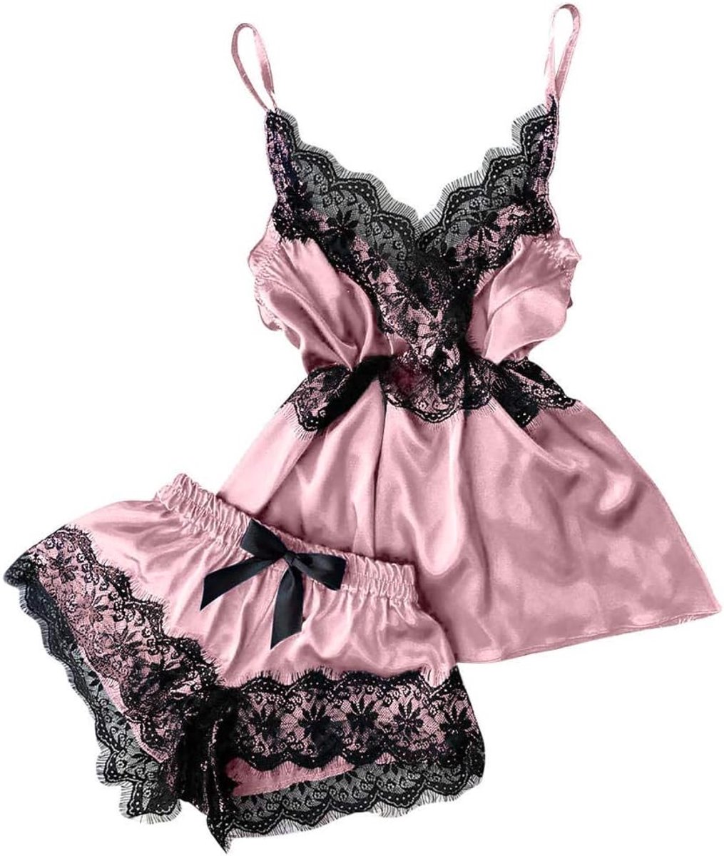 Sexy kanten nachthemd bretels sexy lingerie vrouwen petticoat lingerie pyjamaPyjama Set Vrouwen Zomer Sexy V-hals Kant Satijnen Hemdje Shorts Set Ademend Slaap Tops Pijamas Strik