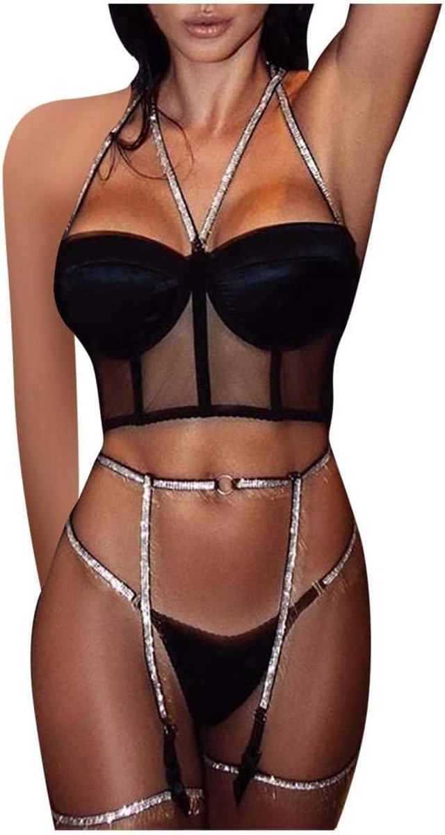 Sets met nachtmode & ochtendjas Sparkle Lingerie voor dames Sexy ondergoed Erotische pyjama's Set-Negro_L
