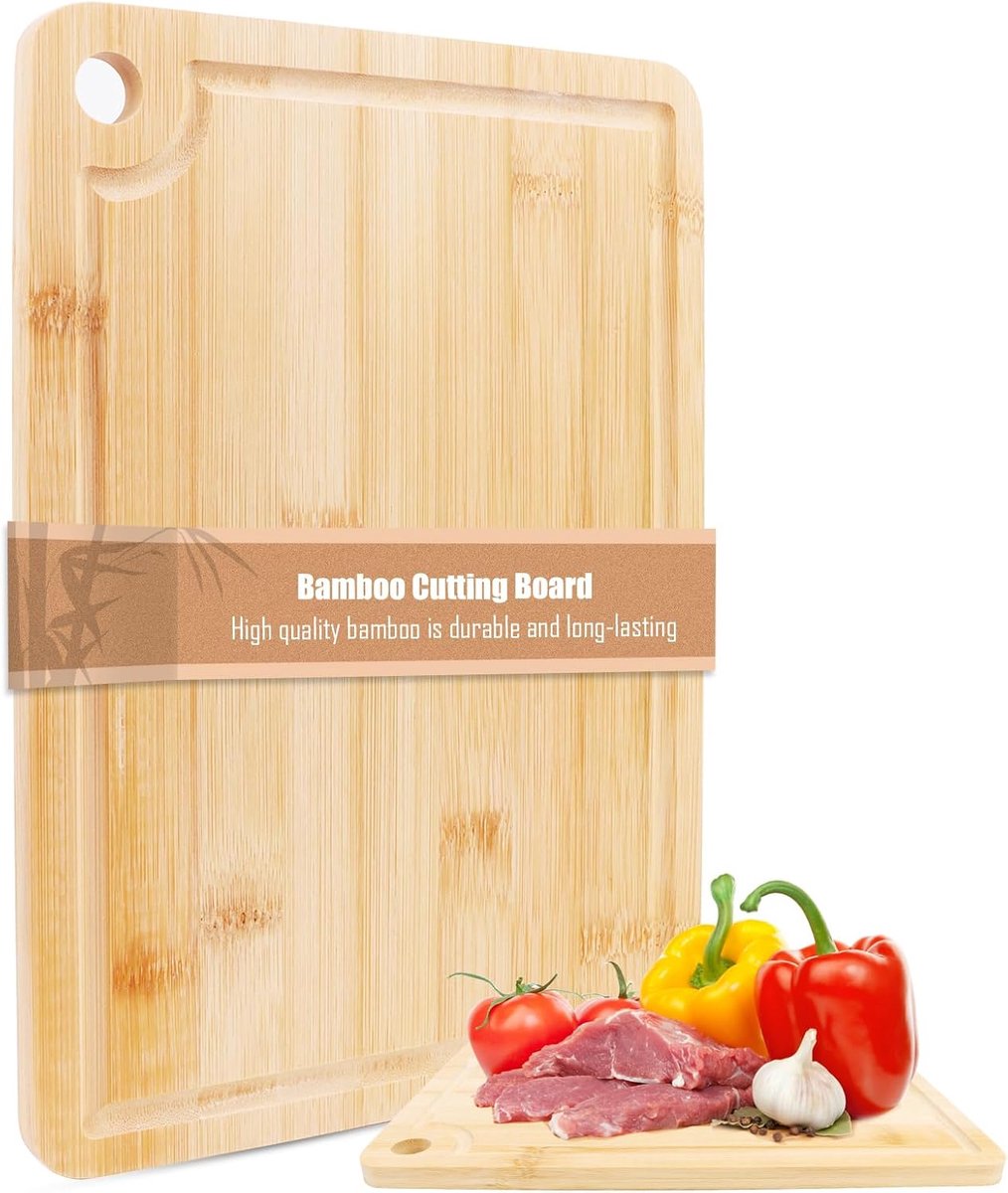 Bamboe snijplank voor de keuken met houten plank voor worst, fruit, groenten en kaas, duurzaam, licht, vaatwasmachinebestendig
