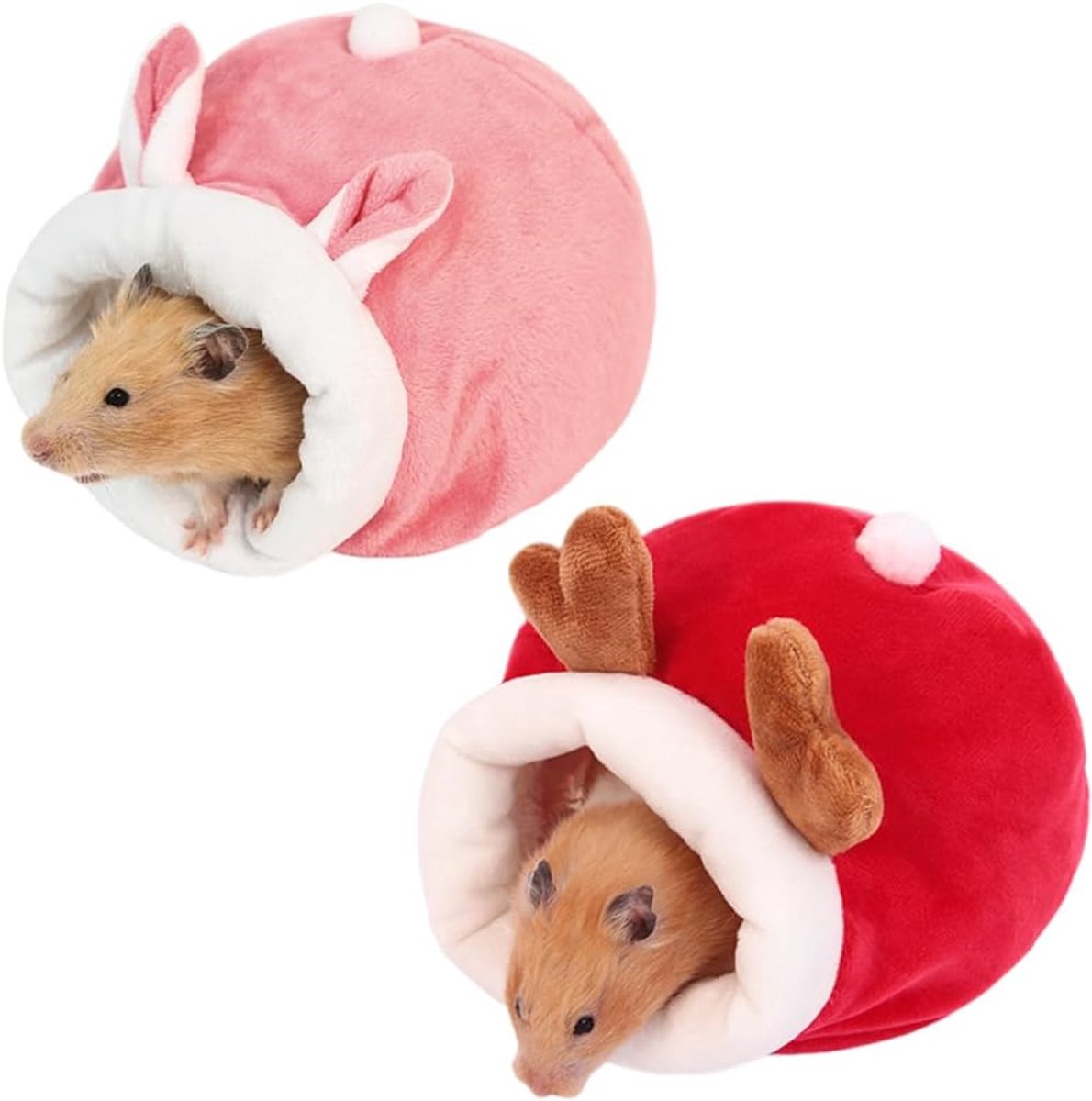 2 stuks caviahuis, comfortabele huisdierbedden, cartoonprint, slaapplaatsen, winter, binnen, hut voor chinchilla/egel/cavia's, rood en roze