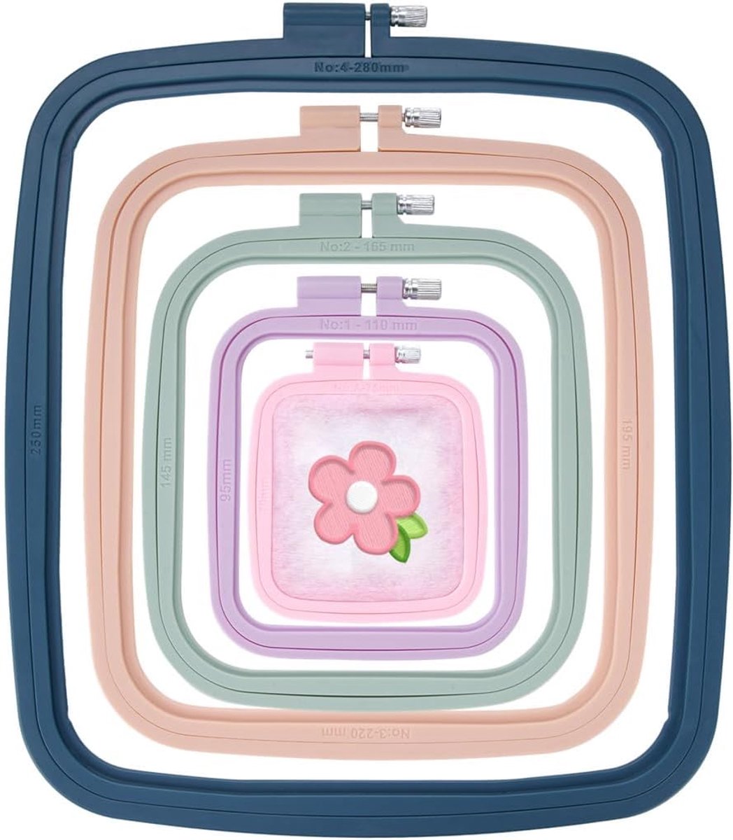 5 stuks vierkante borduurringen, plastic kruissteek hoepels, schroefbevestiging vierkante borduurframes, doe-het-zelf naaigereedschap voor kruissteken (6,9 x 7,4 cm, 9,4 x 10,9 cm, 14,5 x 16,5 cm