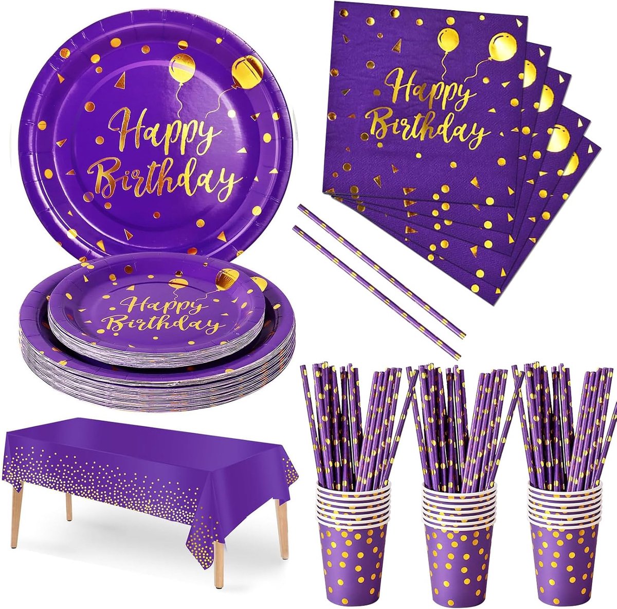 Feestservies 121 stuks paars goud gelukkige verjaardag thema kinderen verjaardag decoratie accessoires set inclusief papieren borden servetten kopjes, voor feestbenodigdheden - 24 gasten
