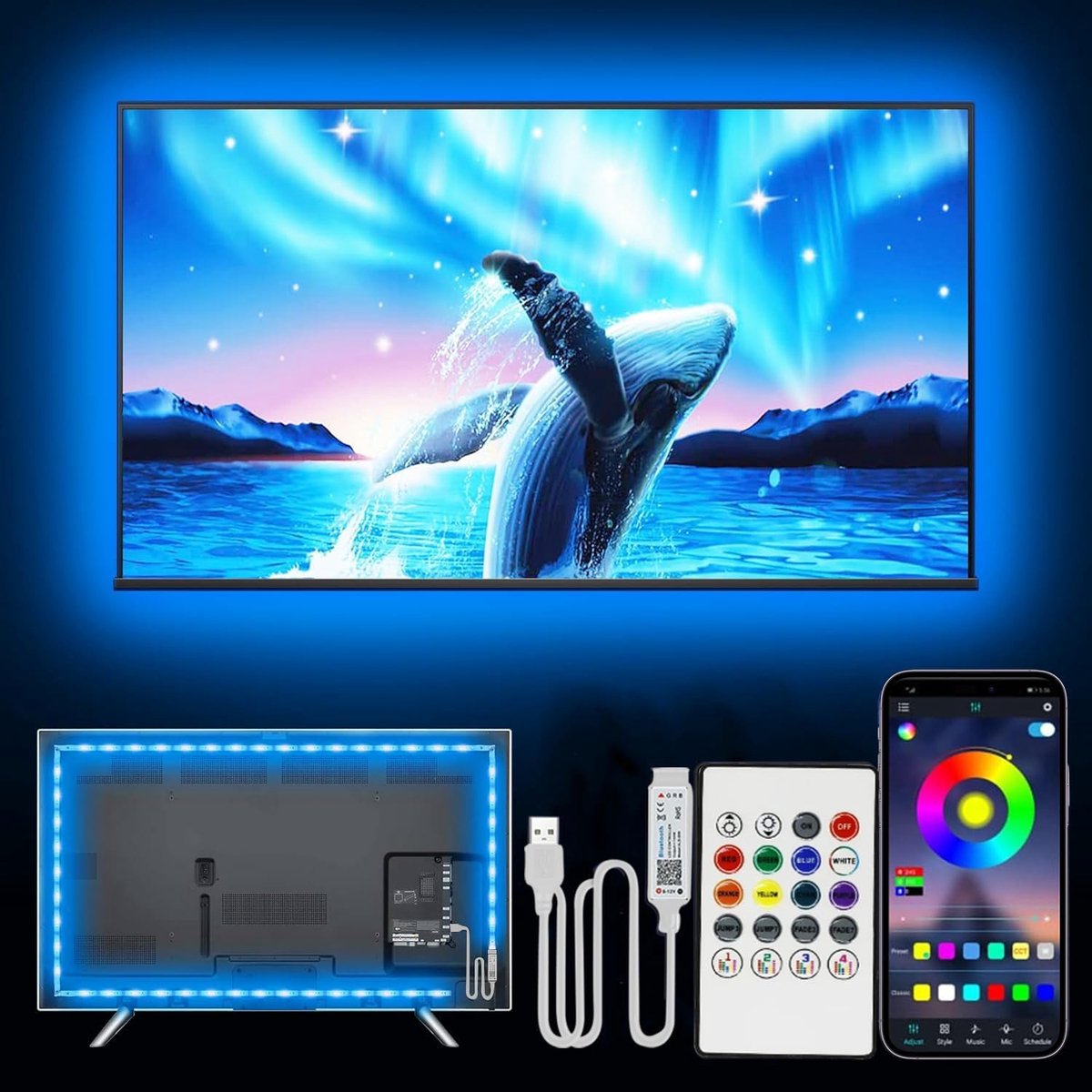 TV-achtergrondverlichting 1M, voor 32-50 inch TV, USB LED-strip met muzieksynchronisatie, RGB TV-achtergrondverlichting Bluetooth APP & afstandsbediening, LED televisieverlichting voor decoratie