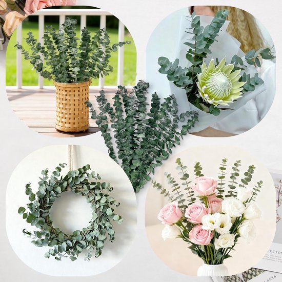 Collage: Vaas met eucalyptus, een bos met koningsprotea, krans van eucalyptus, vaas met rozen en witte bloemen.