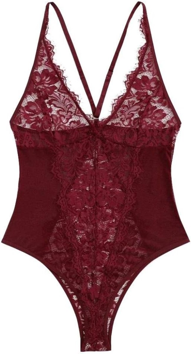 Transparante kanten lingerie Sexy diepe v-hals borduurjurken set-Wine_S