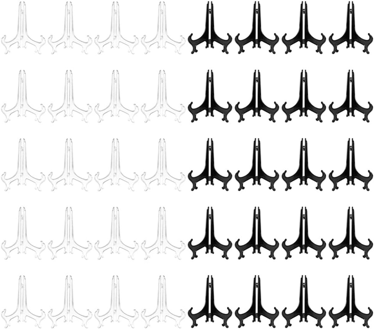 Bordenstandaard, 40 stuks, kunststof ezels of standaard ezels van kunststof, voor borden, borden, inklapbaar, plastic, Easels bordenhouder, transparant/zwart, 7,5 cm