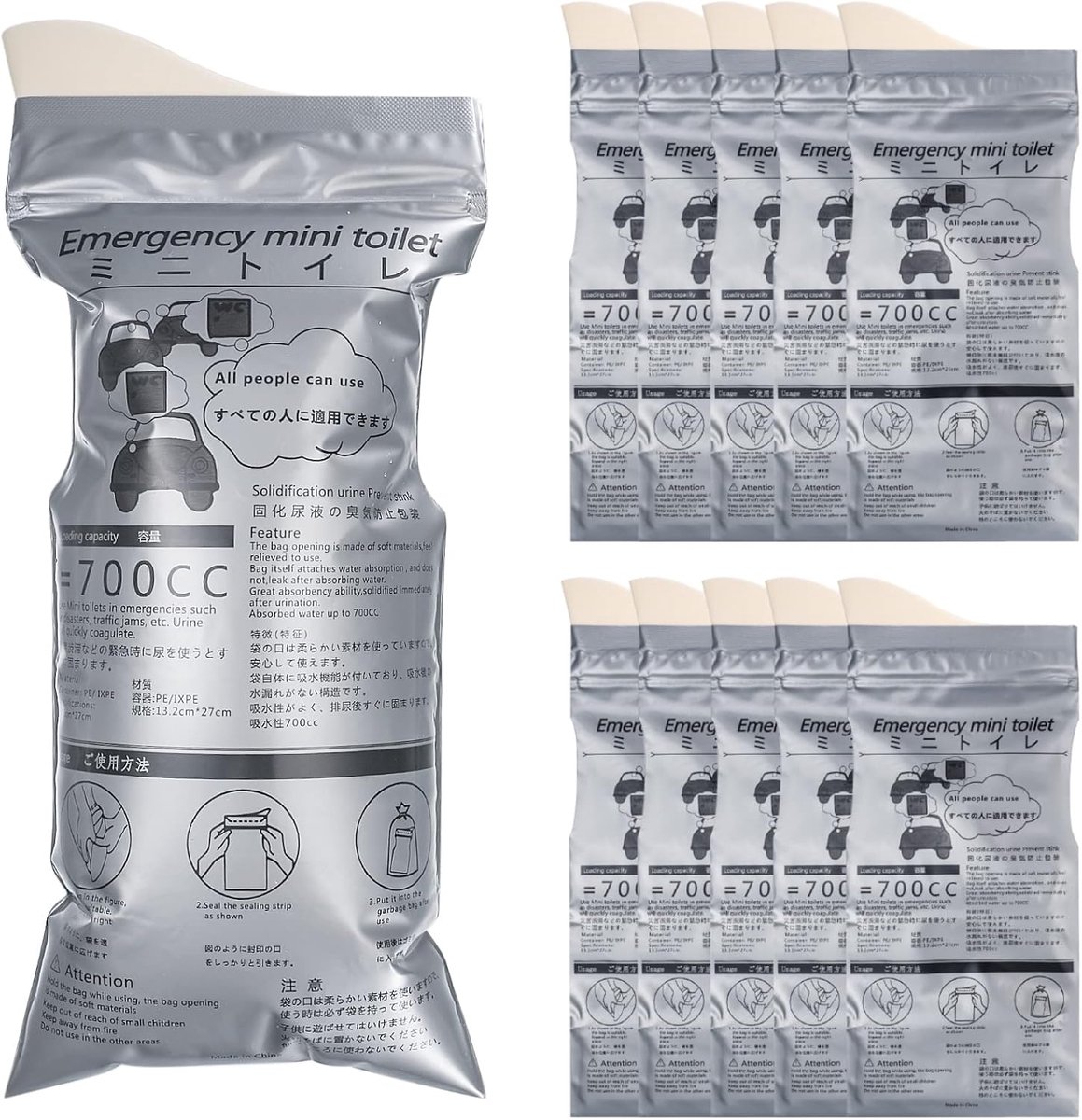 10 stuks urinezakjes, 700 ml draagbare natuursectzakjes, toiletten, urinoir, braakzak voor camping, reizen, auto, opstopping, onderweg, mannen, vrouwen, kinderen