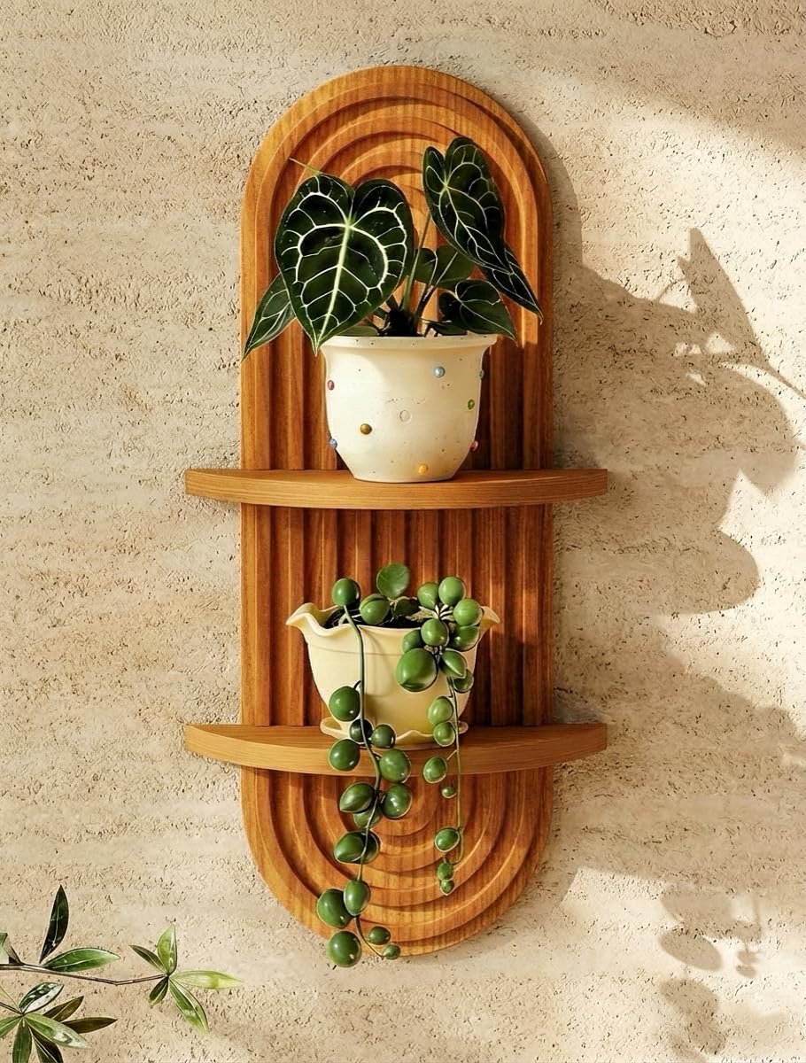 Boho Muurdecoratie Planten Wandplank Midden Eeuw Modern Design Hangende Plantenplank 2-laags Houten Zwevende Planken voor Woonkamer Slaapkamer Badkamer Kantoor Planten Decoratie(Warmbruin)