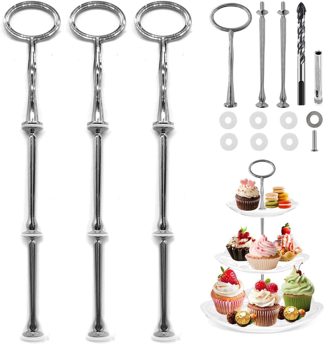 Set van 3 taarthoudersets, standaard met schroeven en sluitringen voor cakes, cupcakes, macarons, donut en fruit (zilver, metaal)