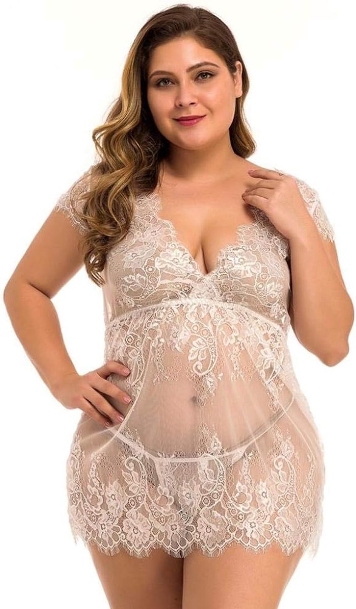 Dameskleding Vrouwen V-hals Sexy Transparante Lingerie Erotisch Ondergoed XL-4XL-Blanco_4XL