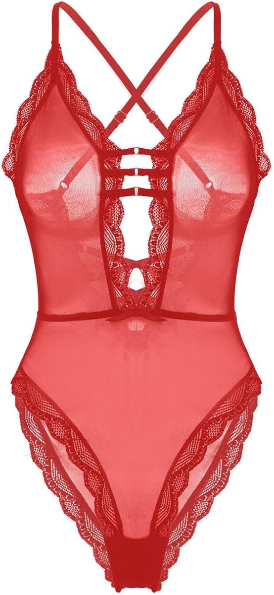Dameskostuums Mesh Lingerie Dames Back Lace Turnpakje Bodysuit Nachtkleding Nachtkleding Ondergoed-Rood_L