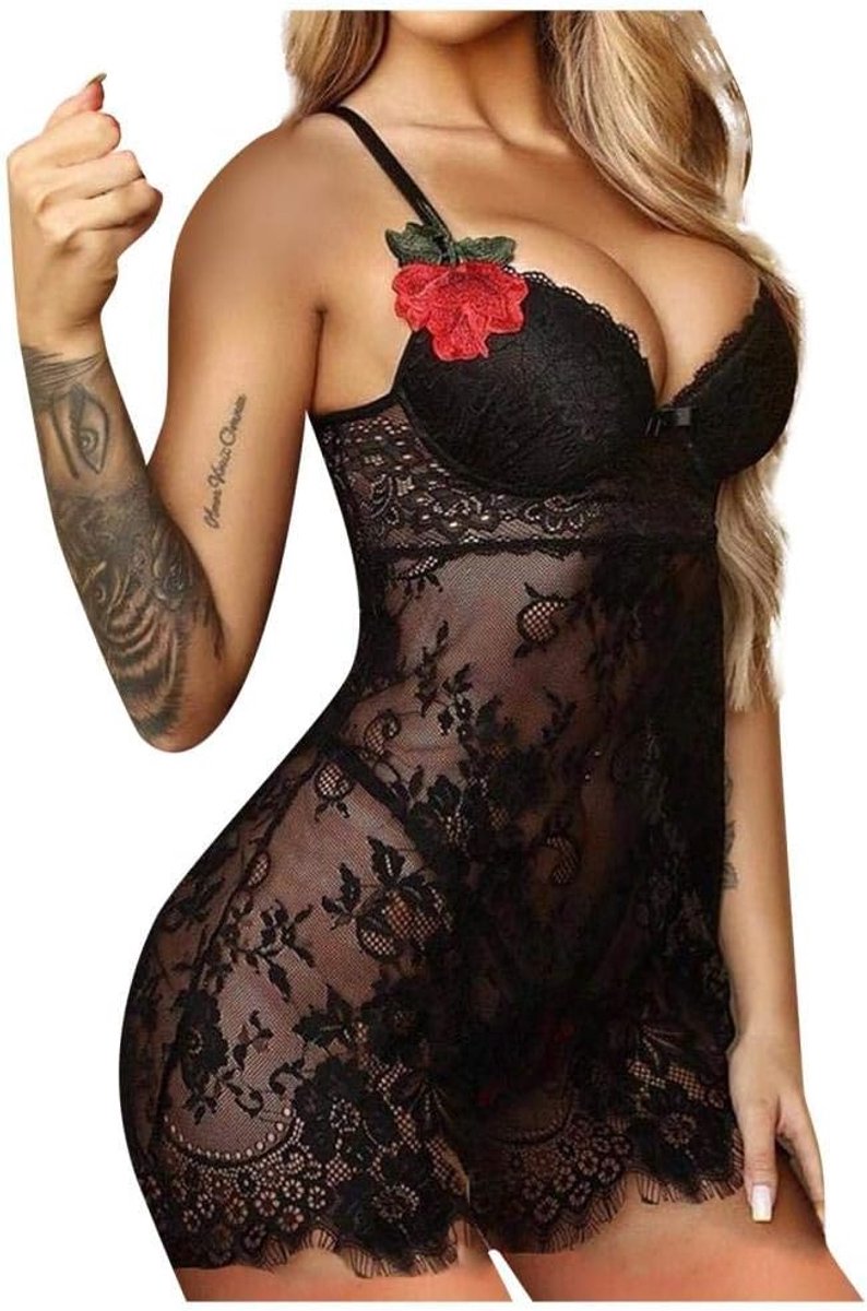 Babydolls, nachtjaponnen & negligés Vrouwen transparant kanten ondergoed Sexy uitgeholde lingerie Backless jurken set-Black_M