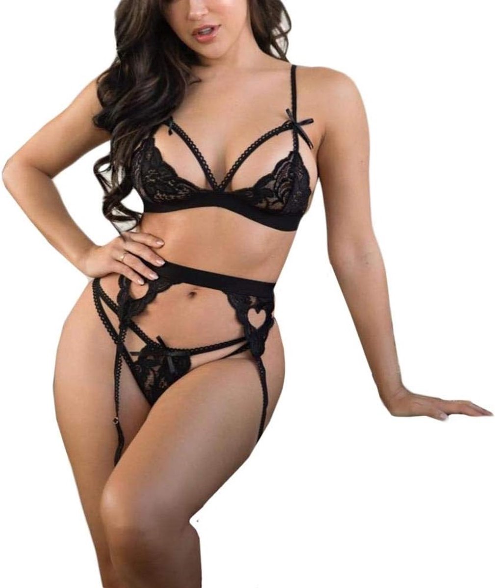 Dameskleding Sexy vrouwelijke lingerie bh string hol doorschijnende kanten nachtkleding set-Black_3XL