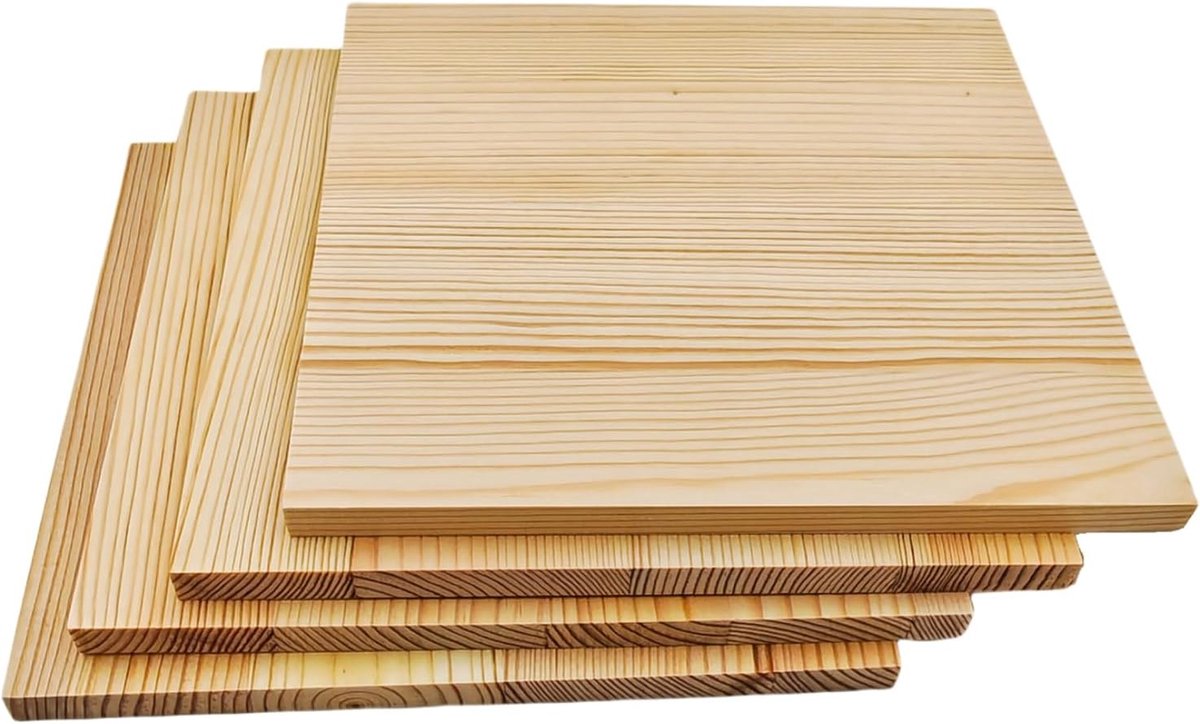 4 blokken van ongelakt grenenhout, vierkant, 20 x 20 x 1 cm, voor houtsnijwerk, onderzetters, om te knutselen, beschilderen en verbranden
