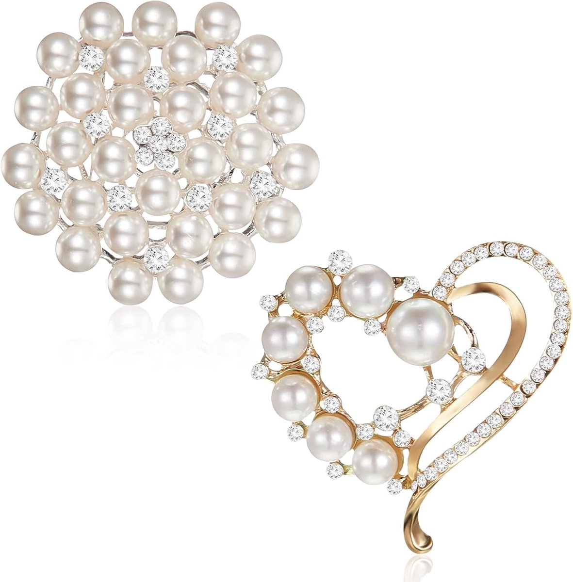2 stuks dames broche revers hart clip imitatie kristal parel strass bloem broche dames bruids bruiloft clip (wit)
